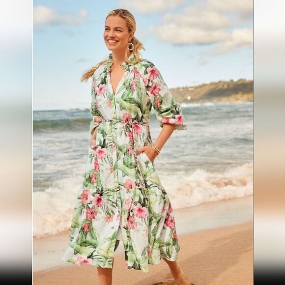 Tommy Bahama Women's White Daybreak Hibiscus Linen Midi Dress Sz Small - Picture 1 of 16